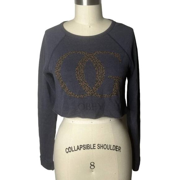 Obey OG Cheetah Print Cropped Grey Sweatshirt Small - Picture 1 of 5